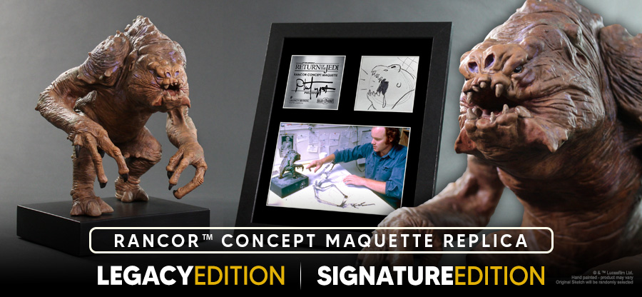Phil Tippett Rancor sketch and autograph with prop replica maquette