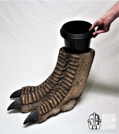 t-rex foot sculpture waste basket prop